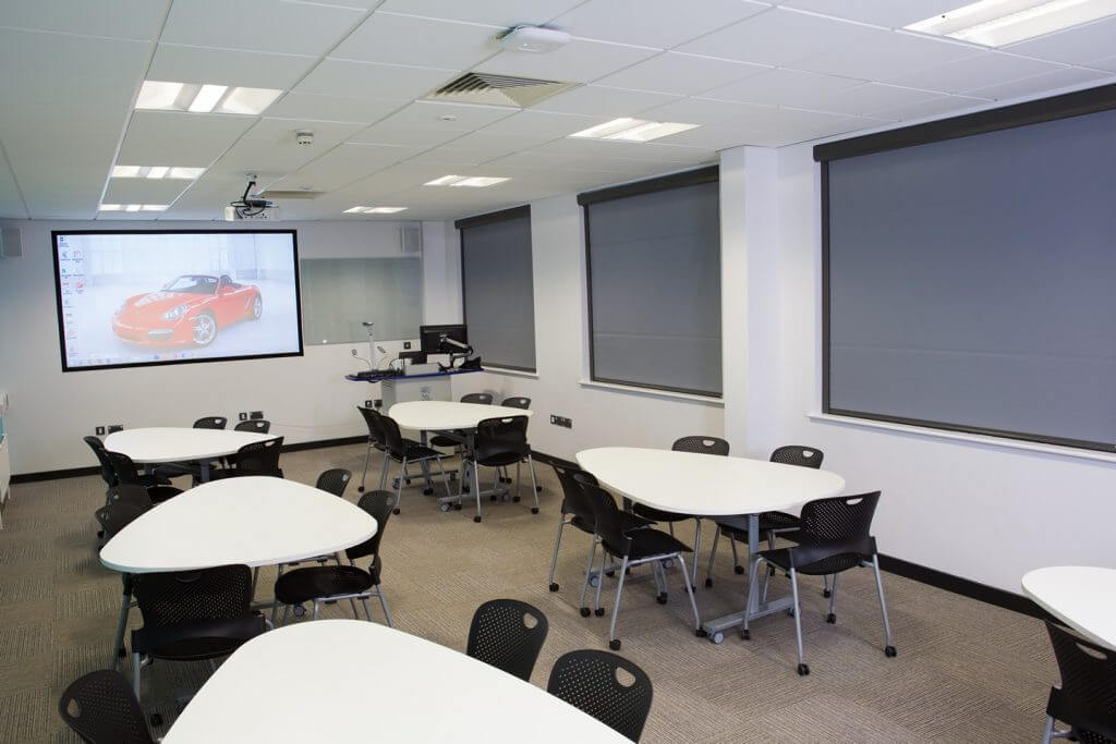 university bay campus, swansea, blackout blinds closed