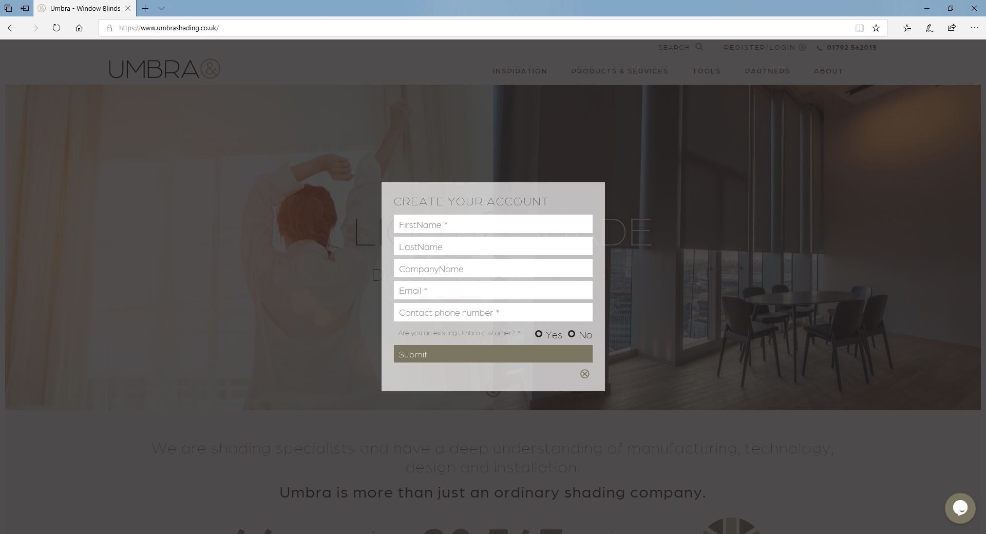 create your account pop up box on umbra website