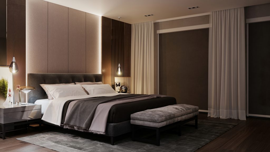 hotel room with blinds and curtains