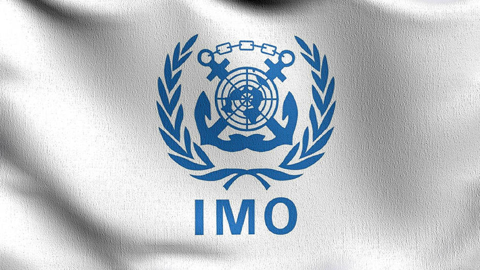 Flag of IMO or International Maritime Organization. 3D rendering illustration of waving sign symbol.