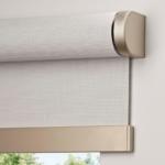 Picture of premium white and gold motorized Evolve blinds from Umbra