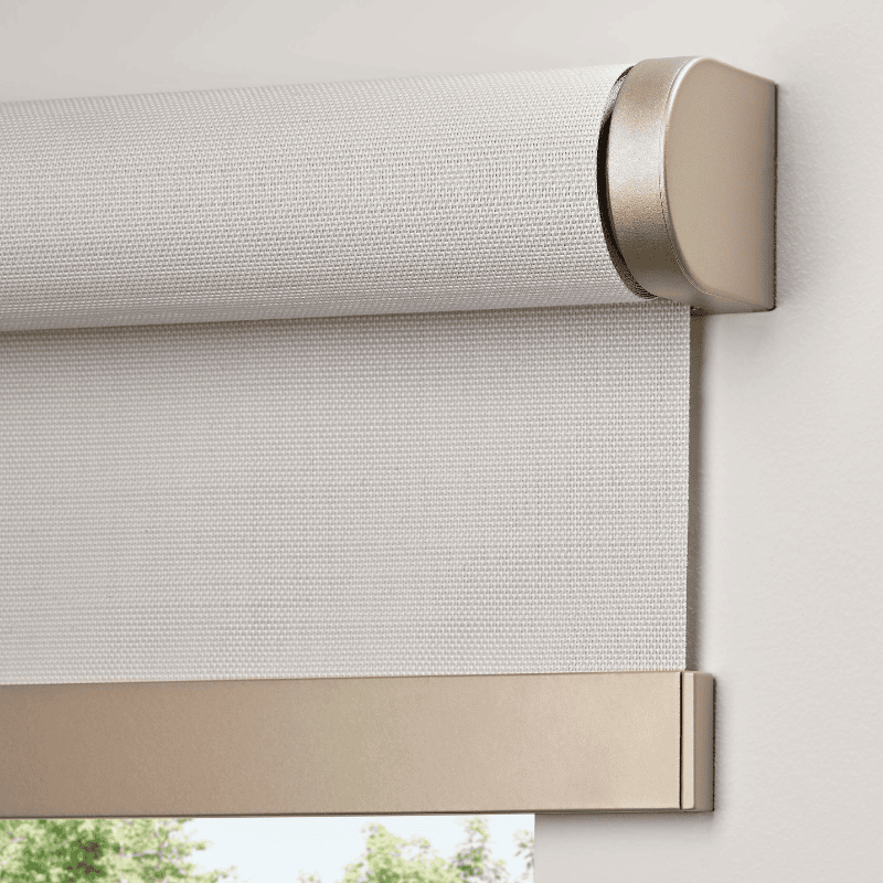 Picture of premium white and gold motorized Evolve blinds from Umbra