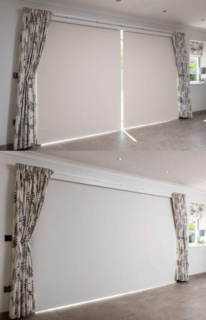 Evolve Zero roller blind covering a bifold door, compared to an old two-unit roller system